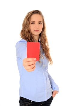 Portrait of an attractive young girl showing red card. All on white background.