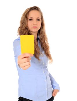 Portrait of an attractive young girl showing yellow card. All on white background.