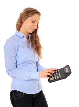 Portrait of an attractive young girl using a calculator. All on white background.