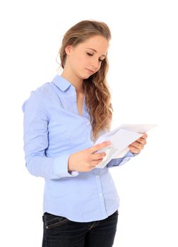 Portrait of an attractive young girl getting good news. All on white background.