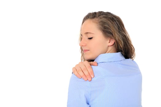 Attractive young girl suffering from muscle tension. All on white background.