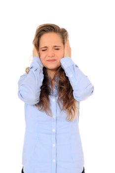 Attractive young girl suffering from tinnitus. All on white background.