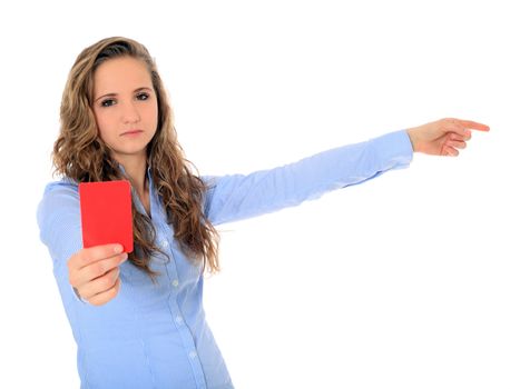 Portrait of an attractive young girl showing red card. All on white background.