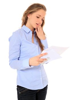 Portrait of an attractive young girl getting bad news. All on white background.