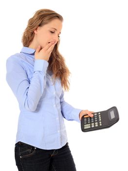 Portrait of a shocked young girl after crunching numbers. All on white background.