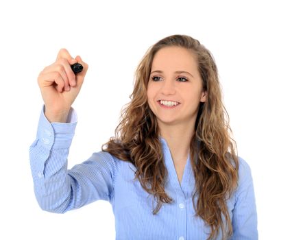 Portrait of an attractive young girl using a marker. All on white background.