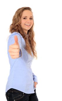 Attractive young girl making thumbs up sign. All on white background.