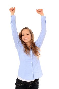 Cheering young girl. All on white background.