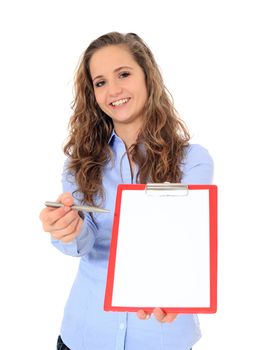 Portrait of an attractive young girl writing on a clipboard. All on white background.