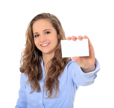 Portrait of an attractive young girl holding calling card. All on white background.