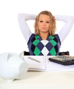 Attractive young woman finished her housekeeping budgeting. All on white background.