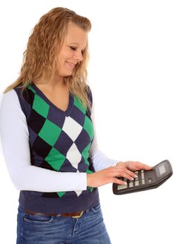 Attractive young woman using calculator. All on white background.