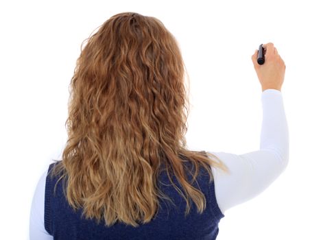 Back view of a woman using marker. All on white background.