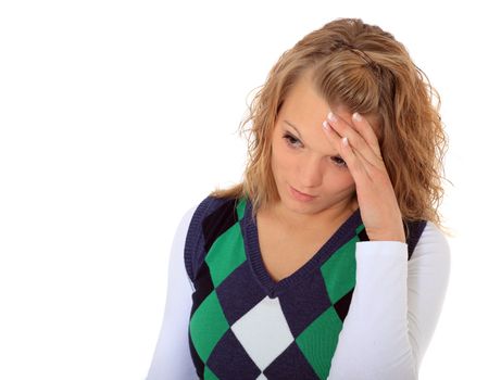 Attractive woman suffering from headache. All on white background.