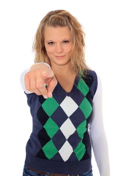 Attractive young woman pointing with finger. All on white background.