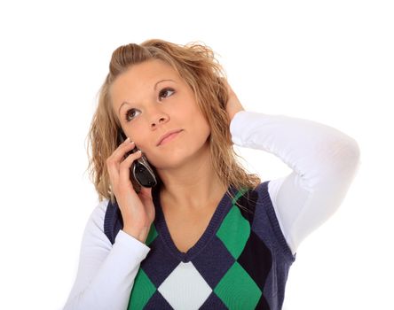 Attractive woman making a phone call. All on white background.