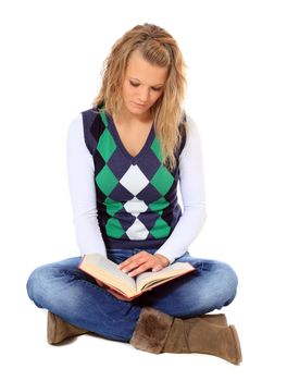 Attractive young woman reading a book. All on white background.