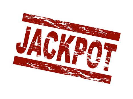 Stylized red stamp showing the term jackpot. All on white background.