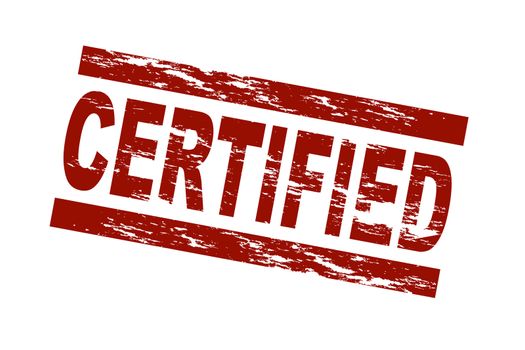 Stylized red stamp showing the term certified. All on white background.