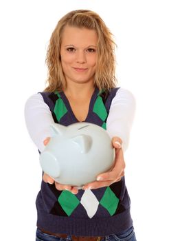 Attractive woman holding piggy bank. All on white background.