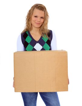 Attractive young woman carrying a moving box. All on white background.