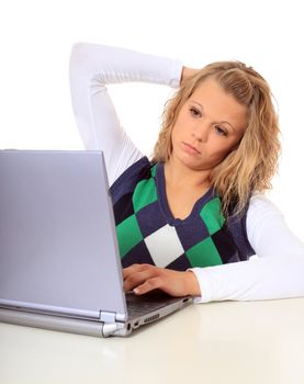 Attractive woman got a problem with her notebook computer. All on white background.