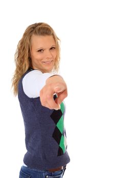 Attractive young woman pointing with finger. All on white background.