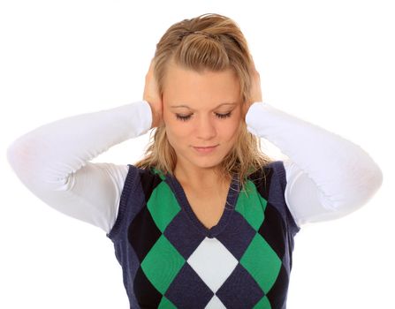 Attractive woman suffering from tinnitus. All on white background.