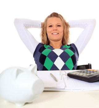Attractive woman satisfied after finishing her budgeting. All on white background.