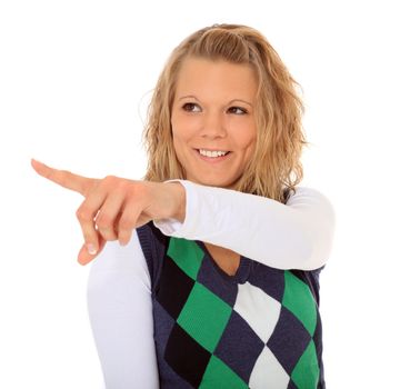 Attractive woman pointing with finger. All on white background.