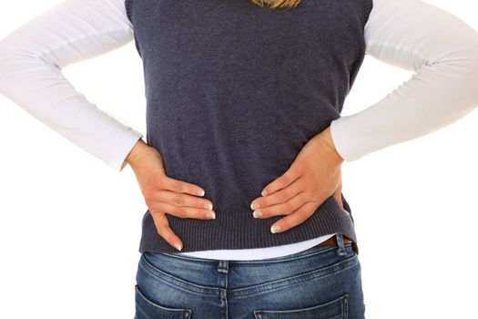 Back view of a female person suffering from backache. All on white background.