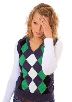 Attractive young woman suffering from headache. All on white background.