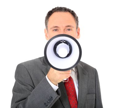 Attractive businessman using megaphone. All on white background.