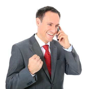 Cheering businessman making a phone call. All on white background.