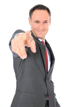 Attractive businessman pointing with finger. All on white background.