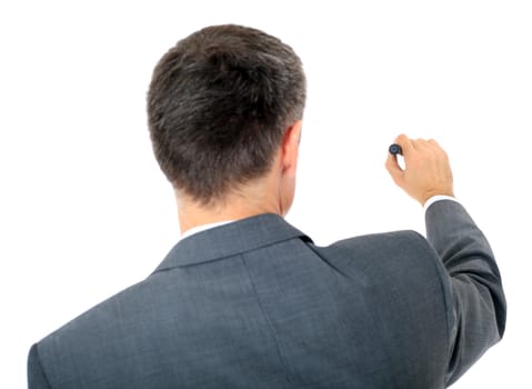 Back view of a businessman using marker. All on white background.