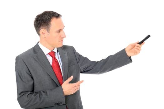 Attractive businessman during presentation. All on white background.