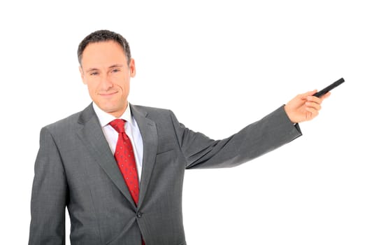 Attractive businessman during presentation. All on white background.