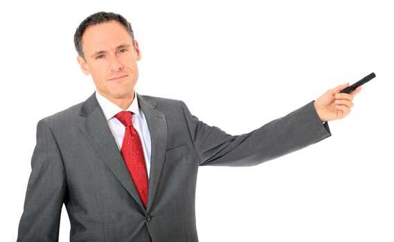 Attractive businessman during presentation. All on white background.