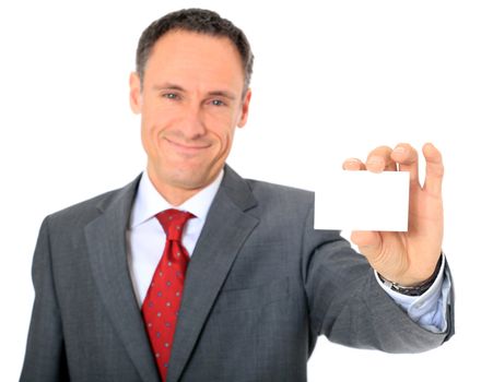 Attractive businessman holding business card. All on white background.