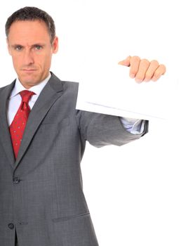 Serious businessman holding letter. Extra text space. All on white background.