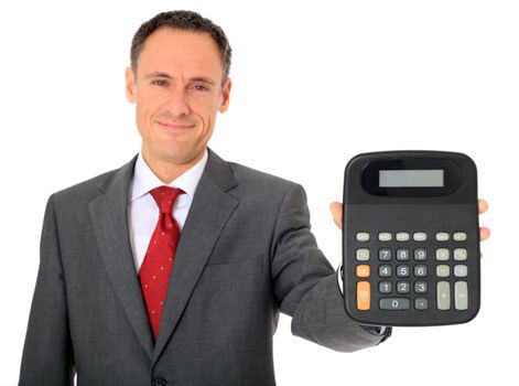 Friendly businessman holding calculator. All on white background