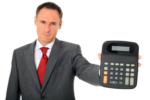 Serious looking businessman holding calculator. All on white background