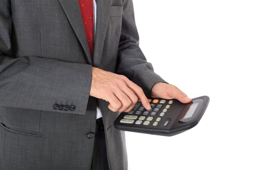 Businessman using calculator. All on white background.