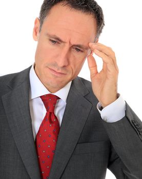 Attractive businessman suffering from headache. All on white background.