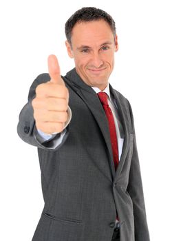 Attractive businessman making thumbs up sign. All on white background.