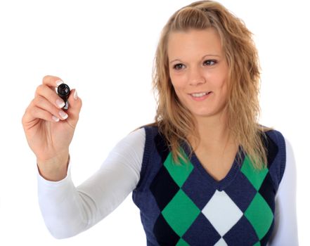 Attractive blonde woman using marker. Focus on hand in foreground. All on white background.