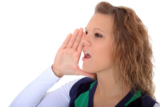 Attractive blonde woman calling someone. All on white background.