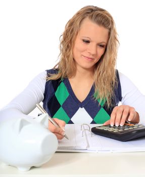 Attractive blonde woman crunching numbers. All on white background.