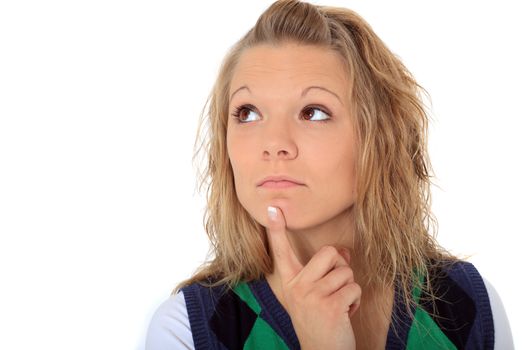 Attractive blonde woman deliberates a decision. All on white background.